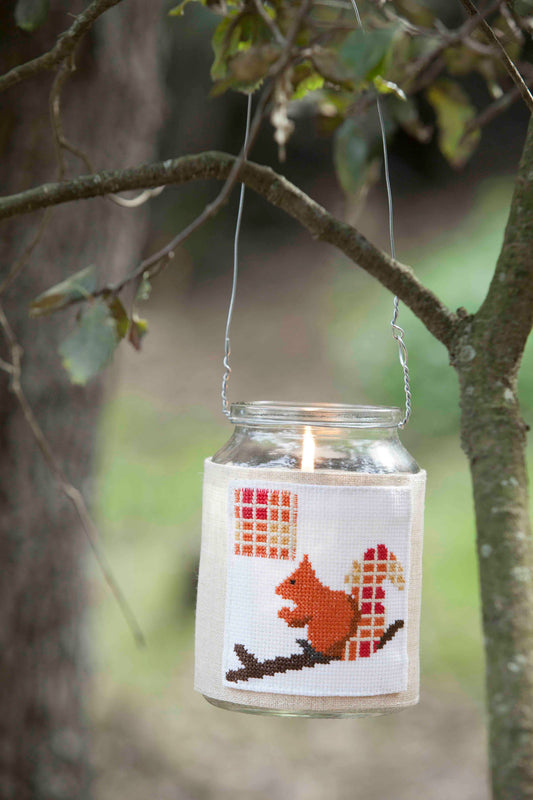 10 grilles de point de croix automne : écureuil, renard, champignons et cerf sur lin 11 fils. Motifs cosy balade en forêt. Références DMC sur 10 pages.