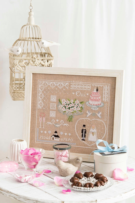 3 grilles broderie mariage : Le grand jour, Des mots d'amour, ABC de l'amour. 10 pages, couleurs DMC. Lin beige.