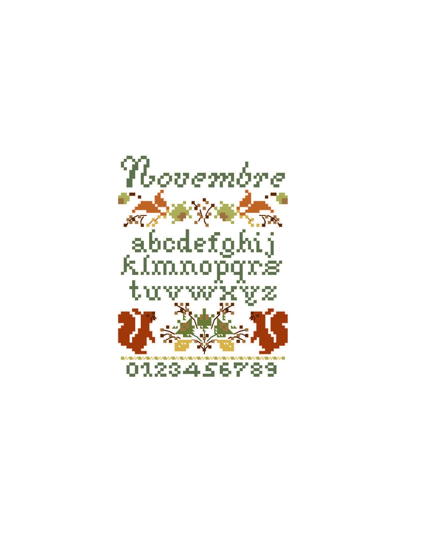 Trois grilles de point de croix sur le thème de l'automne par Perrette Samouïloff. Abécédaires aux motifs d'écureuils, feuilles et scènes automnales. 180x148 pts.