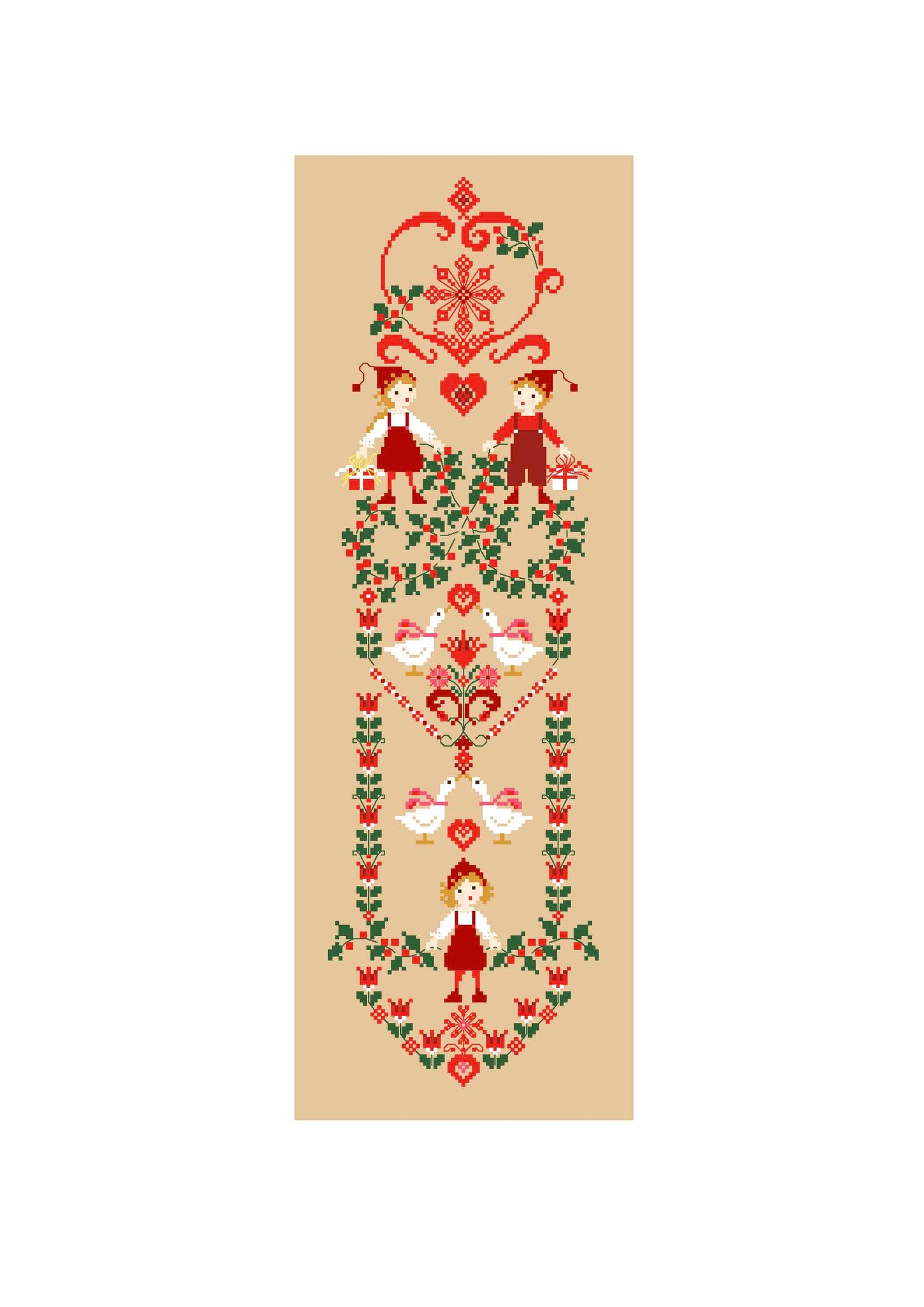 Grille point de croix de Perrette Samouïloff : bande de Noël avec lutins et colombes, 77x259 pts. Broderie festive idéale pour chemin de table ou suspension.