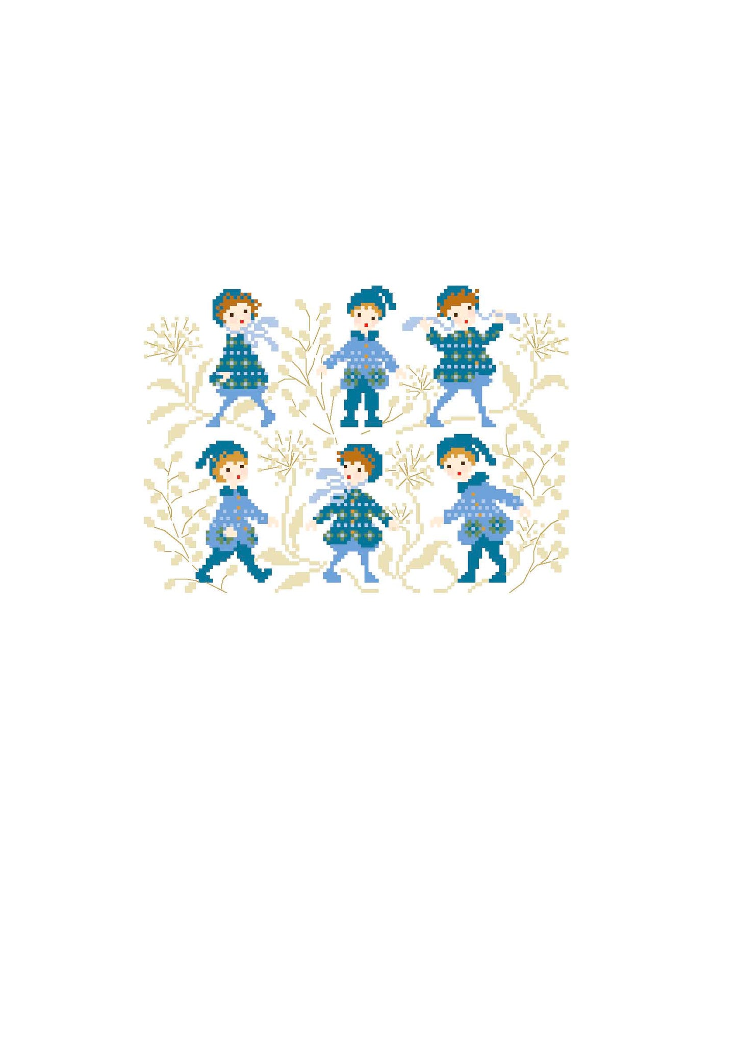 Grille point de croix de Perrette Samouïloff : enfants en manteau jacquard bleu, 123x89 pts. Broderie hivernale pleine de tendresse, idéale pour coussin ou frise.