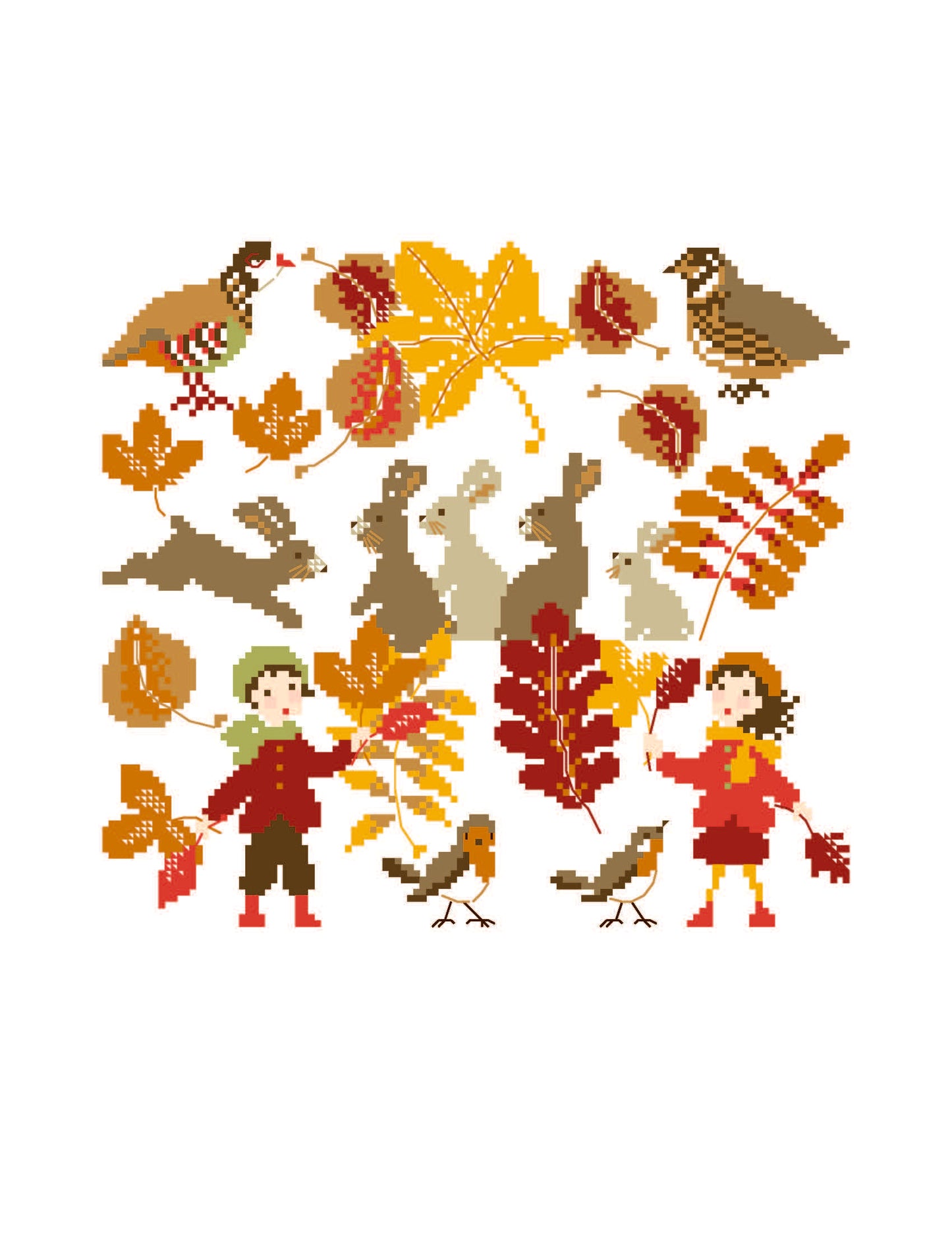 Grille point de croix Feuilles d'automne de Perrette Samouiloff. 120x120 points, motif automnal avec lapins, oiseaux et enfants. À broder sur toile claire.