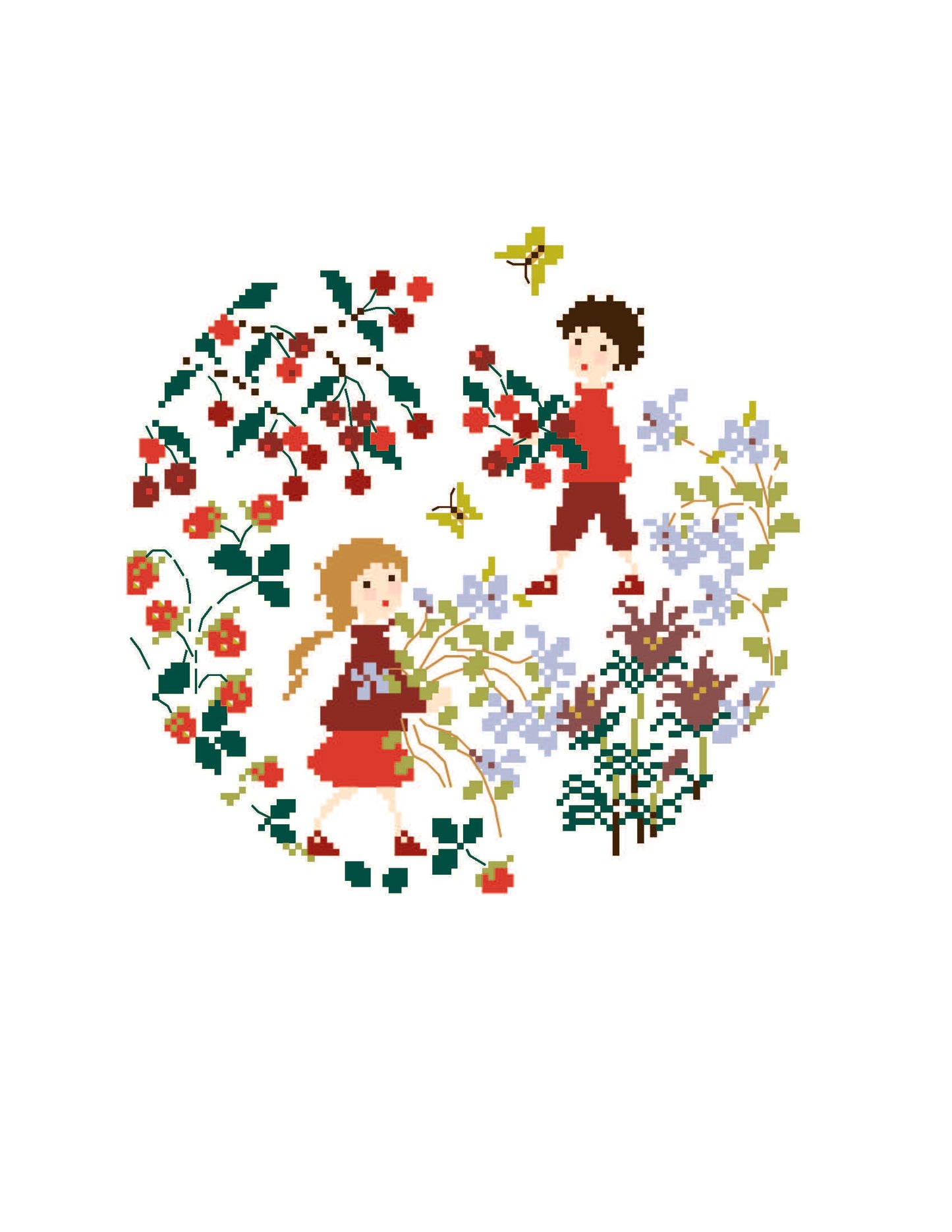 Grille point de croix avec deux enfants cueillant fruits et fleurs en été : cerisiers, fraises et brassées de fleurs. Création de Perrette Samouiloff. 109 x 108 points.