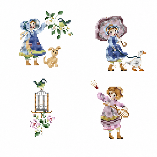 Grille point de croix : 4 saynètes Rose au chapeau, oiseaux et papillons. Aïda 7 pts/cm ou lin 11-12 fils/cm. Réf. DMC, 6 pages.