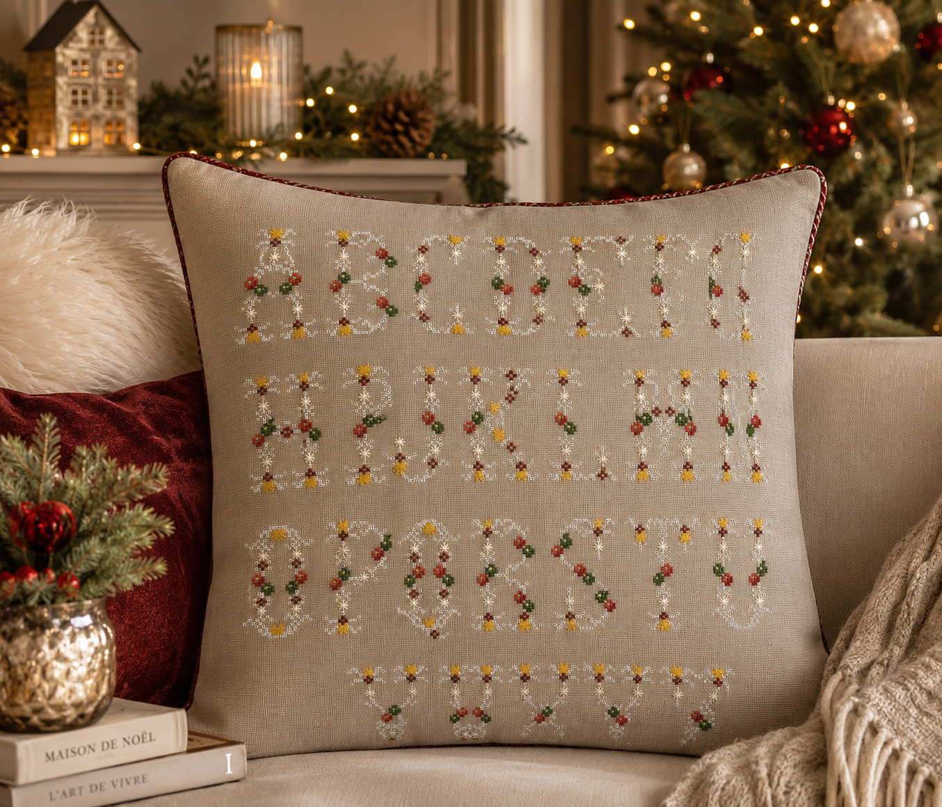 Grille point de croix – ABC Noël : sampler abécédaire de Noël avec lettres décorées, rennes, lutins et ornements festifs en rouge et vert avec fil métallisé DMC Diamant, sur toile de lin naturel 12 fils/cm – Création Point de Croix