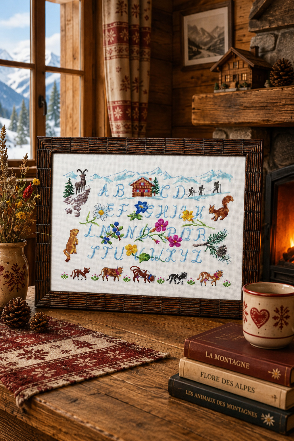 Grille de broderie au point de croix : ABC Montagne, abécédaire alpin avec marmottes, chalets et sapins. 6 pages avec symboles et références DMC. À broder sur Aïda ou lin.