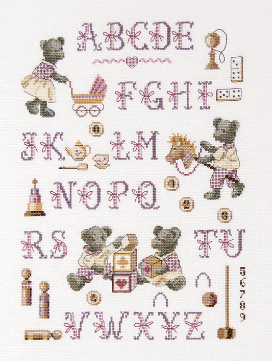 Grille de broderie point de croix imprimée avec symboles et couleurs DMC – Abécédaire Grand-papa ours, 6 pages