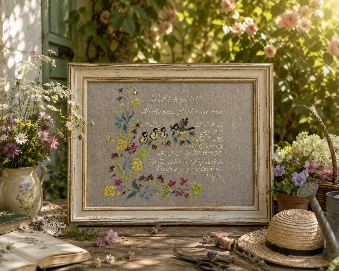 Grille broderie point de croix : oiseaux, fleurs et marquoir vintage sur lin. 6 pages, symboles et couleurs DMC. Toile Aïda ou lin naturel.