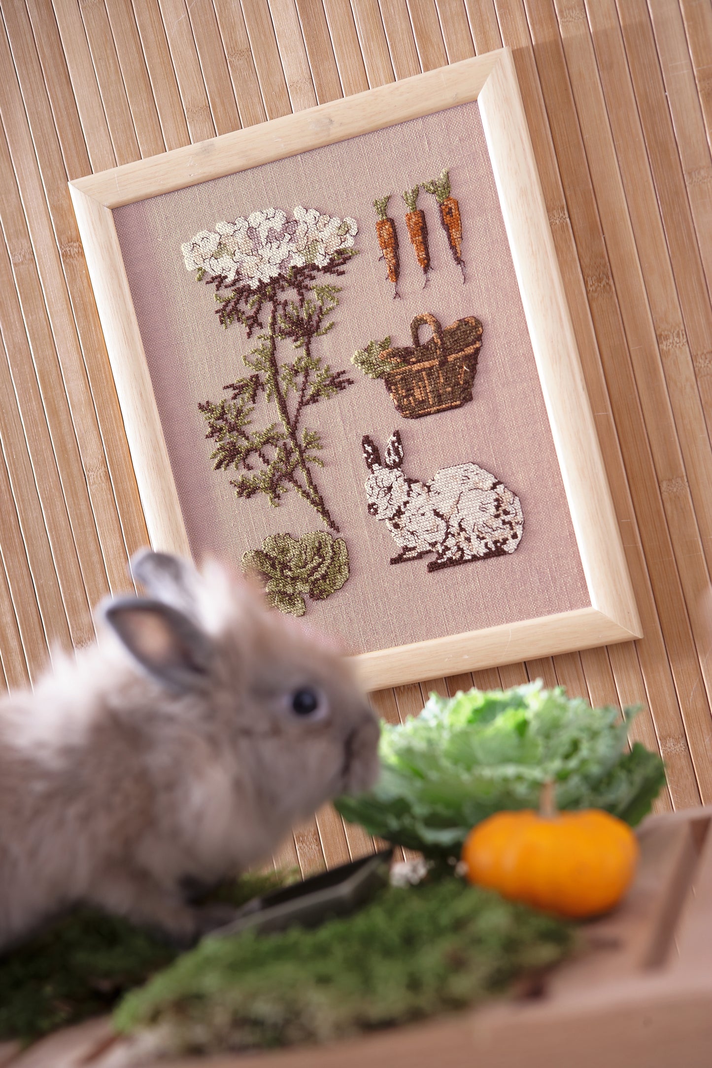 Grille de point de croix Au Jardin de Jeannot – lapin gourmand et légumes du potager brodés sur lin rose poudré 12 fils/cm, 145×185 pt, environ 26,4×33,6 cm, Création Point de Croix