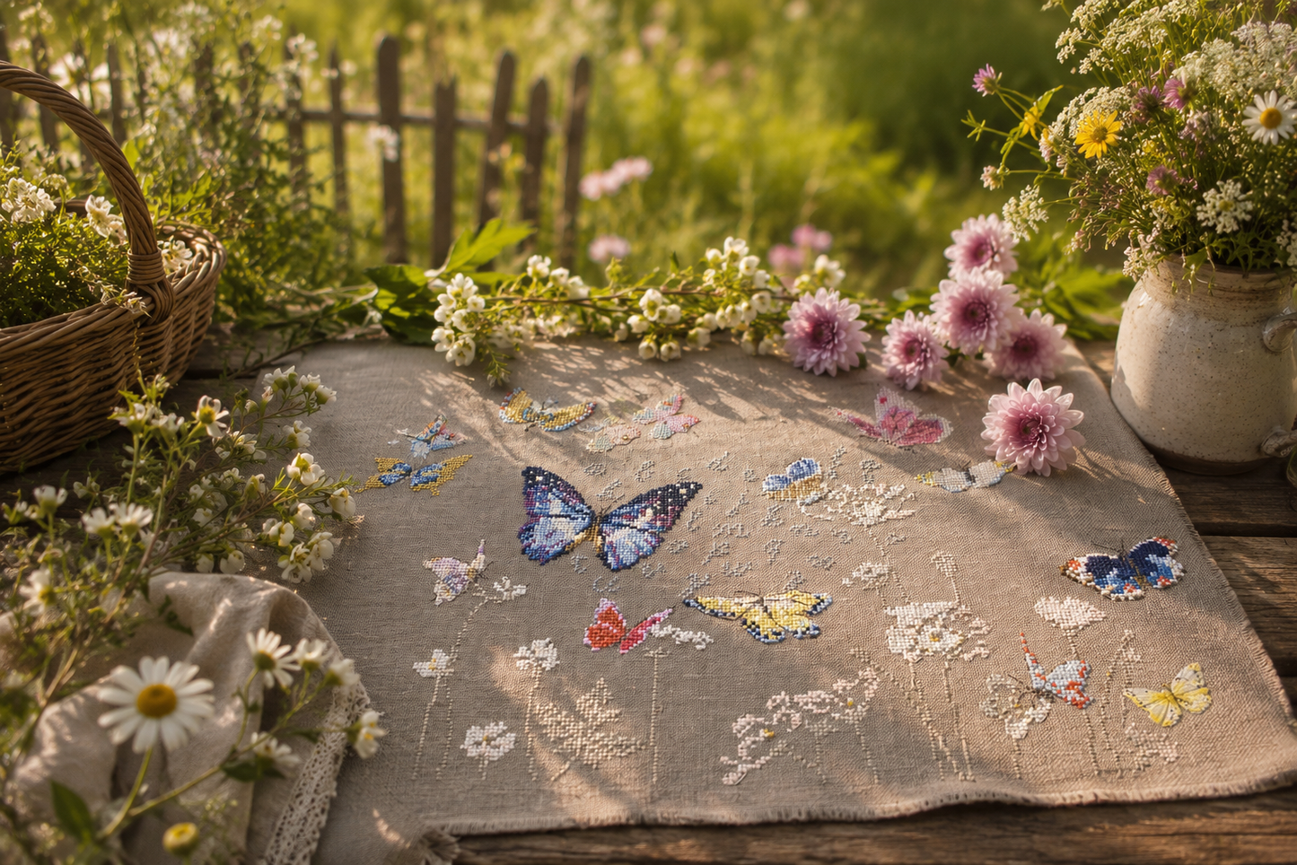 Grille broderie point de croix : papillons, fleurs champêtres et lettres pour intérieur romantique. 8 pages, symboles et couleurs DMC. Toile Aïda ou lin.