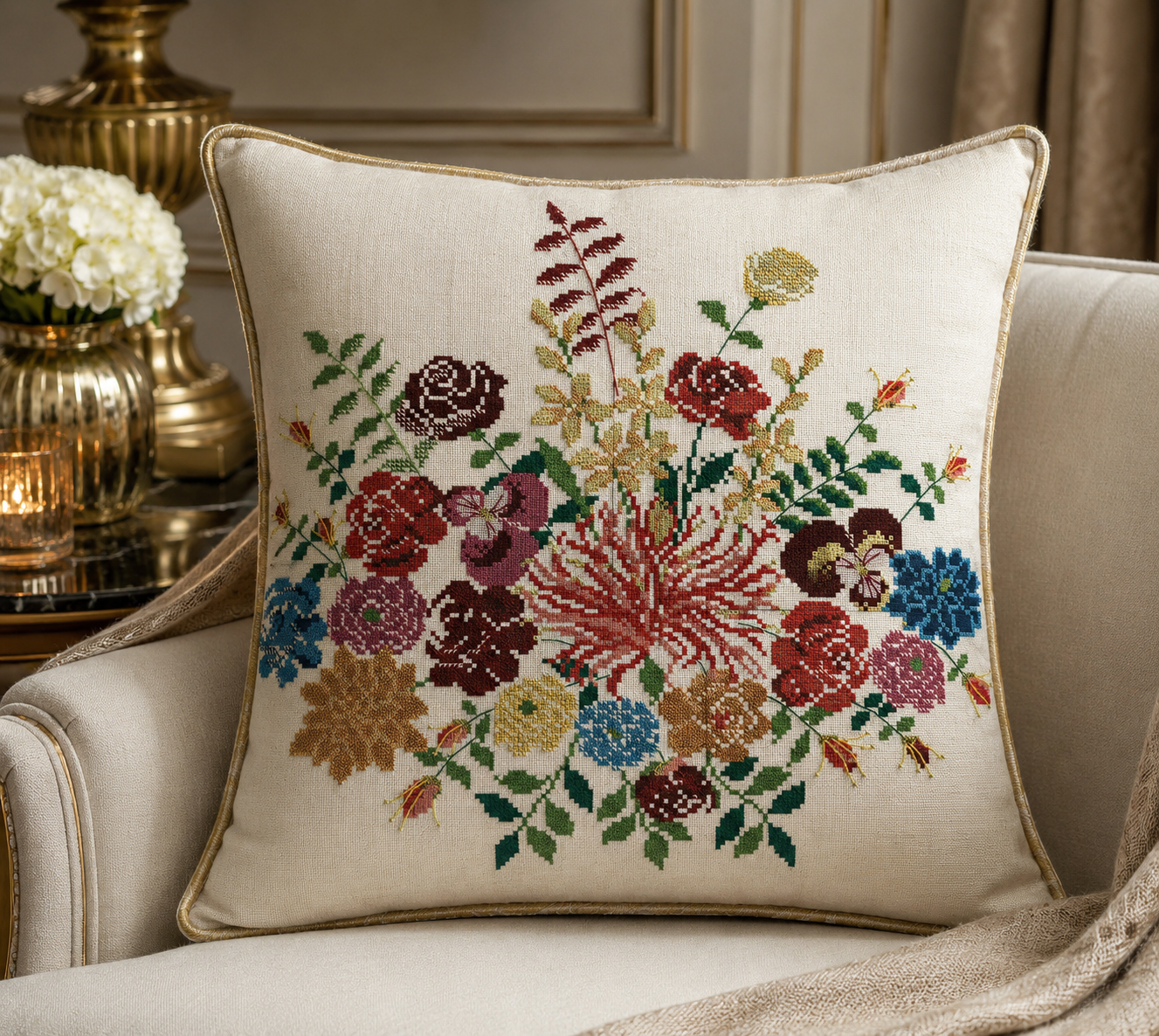 Grille point de croix : bouquet de fleurs d'été sur lin DMC. Motif 175 × 152 pts, env. 31,8 × 27,6 cm. Imprimé symboles & couleurs, 6 pages.