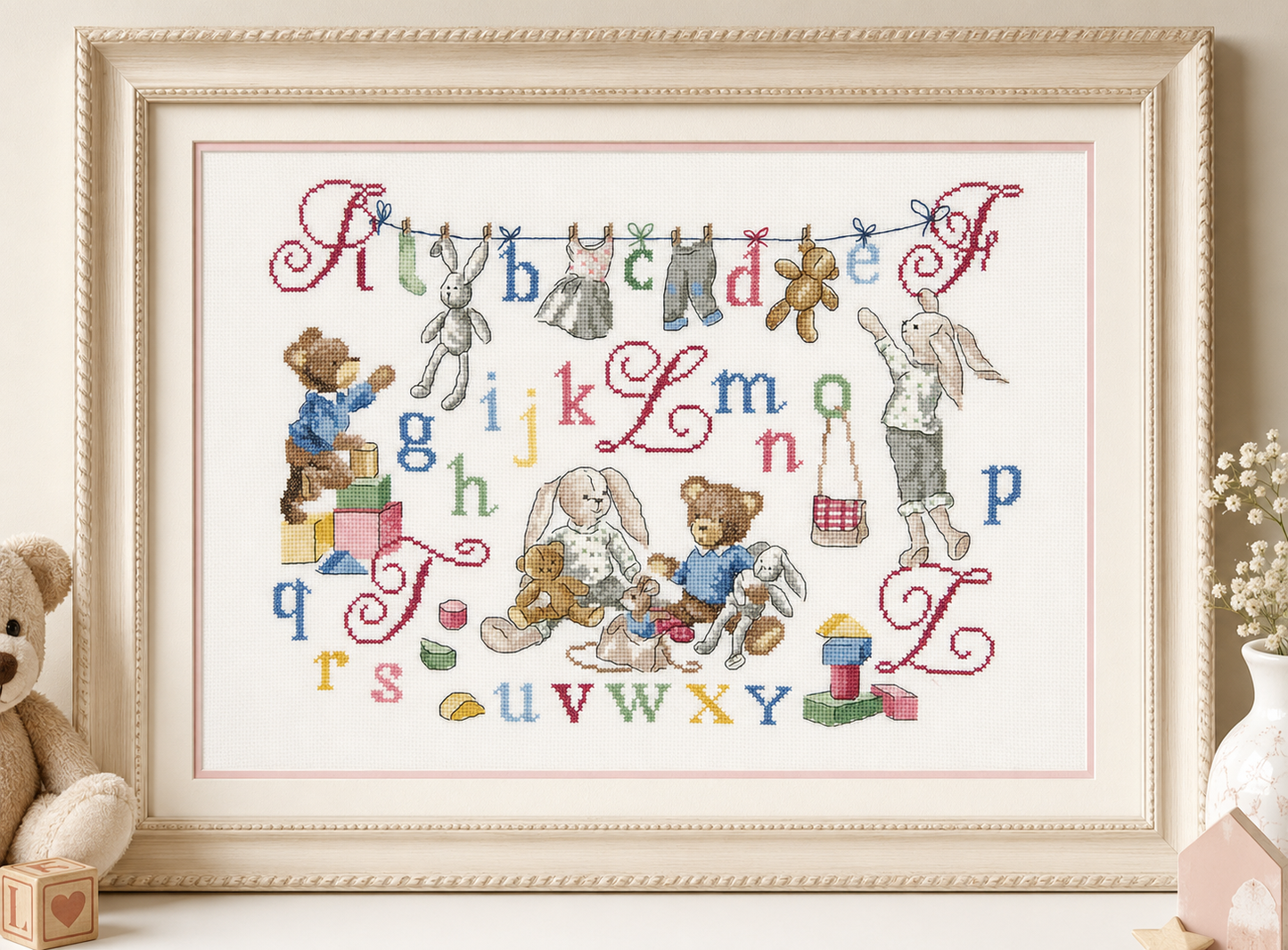 Grille point de croix : scène d’enfants en récréation sur lin 11 fils/cm, 31,3 × 25,1 cm. Tableau décoratif chambre enfant.