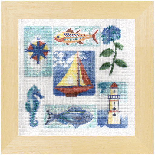 Grille de point de croix Escales en Bord de Mer – cadre Phare et voilier brodés, symboles marins, 85×85 pt, environ 15,5×15,5 cm, sur lin naturel 11 fils/cm, Création Point de Croix