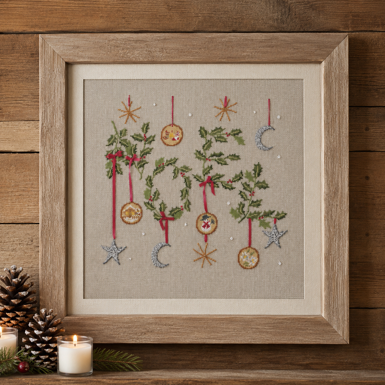 Grille de broderie point de croix « Comme un sapin » par Création Point de Croix. Grande composition festive aux motifs de Noël : houx, étoiles, rubans. À broder sur lin, Aïda ou étamine.