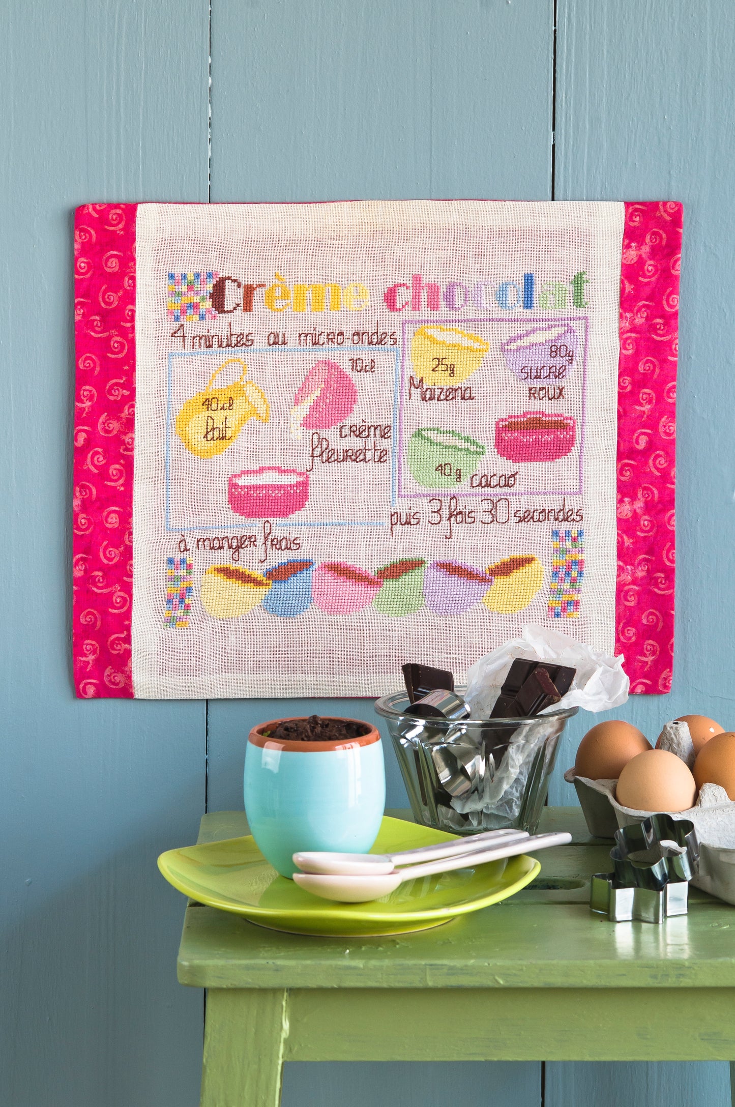 Grille de broderie au point de croix : Crème au chocolat, motifs gourmands rétro. 6 pages avec symboles et références DMC. À broder sur Aïda ou lin.