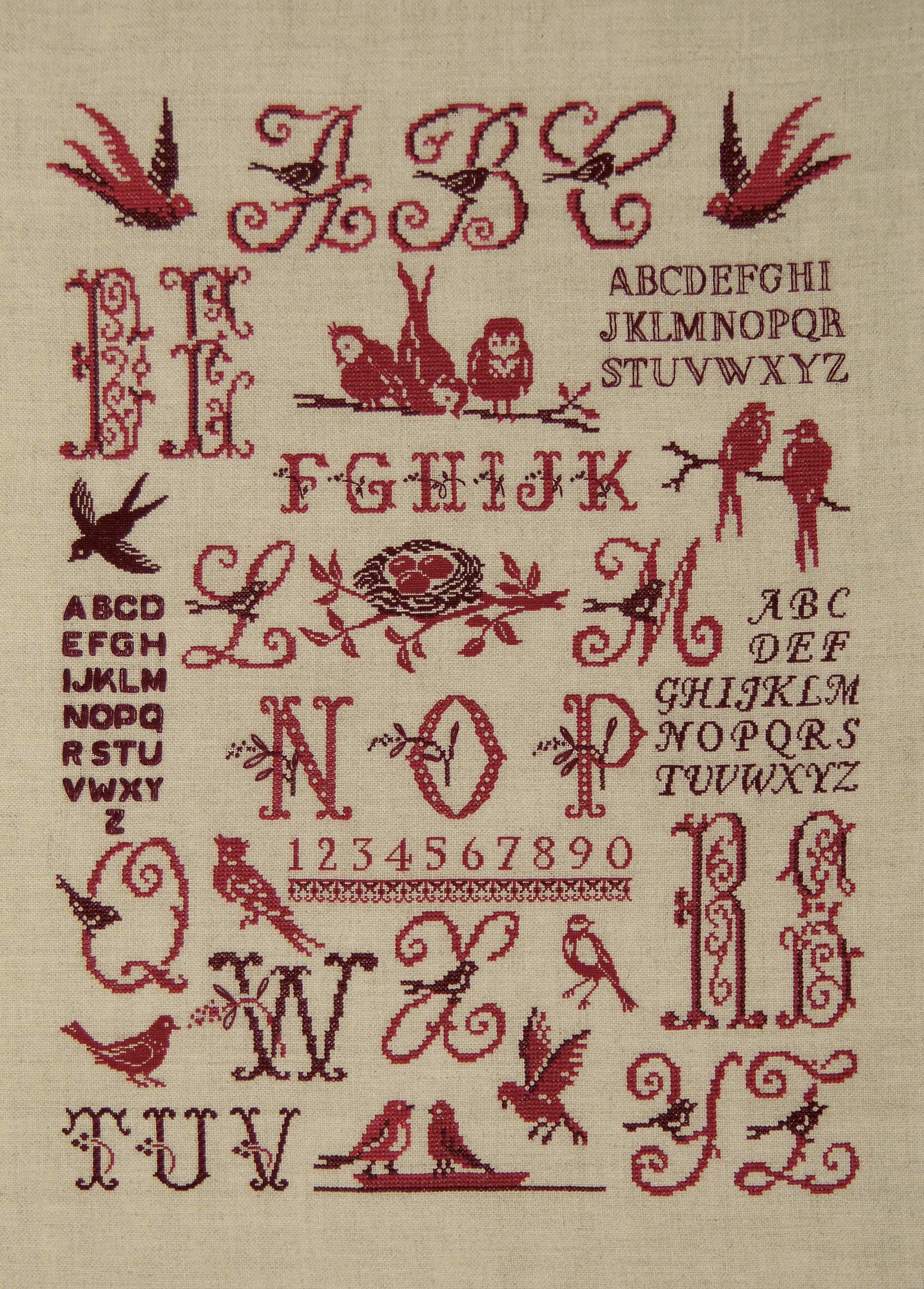 Abcédaires délicats, lettres et oiseaux, style scandinave. Grille point de croix, 6 pages, réf. DMC incluses.
