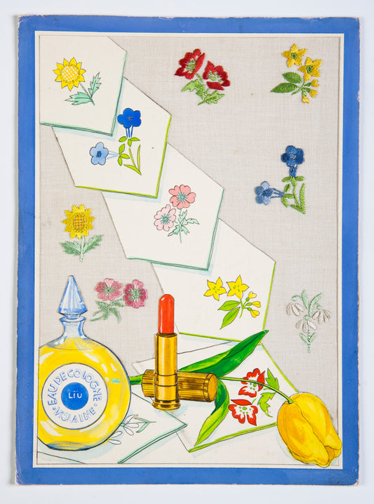 Grille point de croix – Invitation au spectacle, vue d'ensemble : théâtre miniature avec broderies, pages anciennes, perles et objets décoratifs, ambiance opéra et soirées d'autrefois – Création Point de Croix