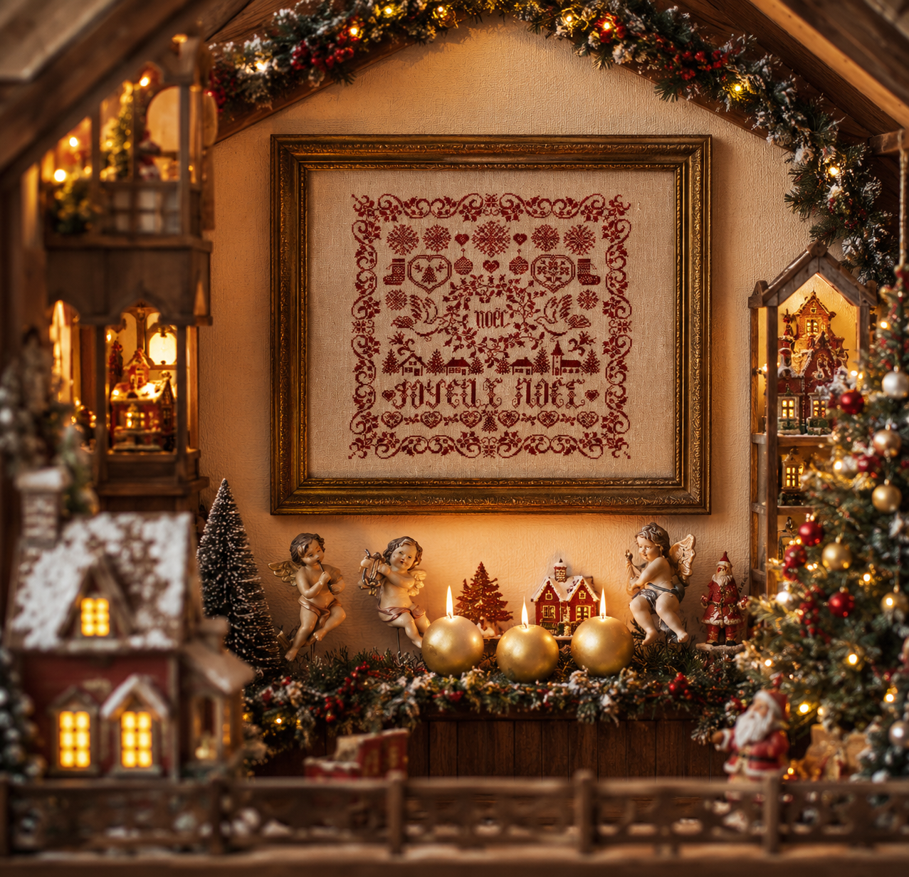 Grille point de croix : sampler de Noël rouge sur lin ficelle 11 fils/cm, 39,5 × 40 cm. Village enneigé et symboles festifs.