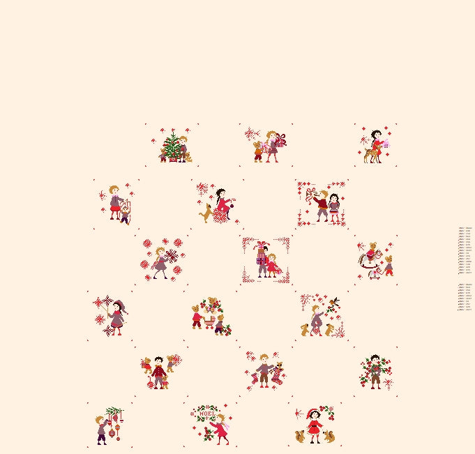 Grille point de croix : nappe de Noël avec personnages, sapins et flocons. 56×56 pts, Aïda 5,5 pts/cm ou lin 11 fils/cm. 10 pages couleur, réf. DMC.