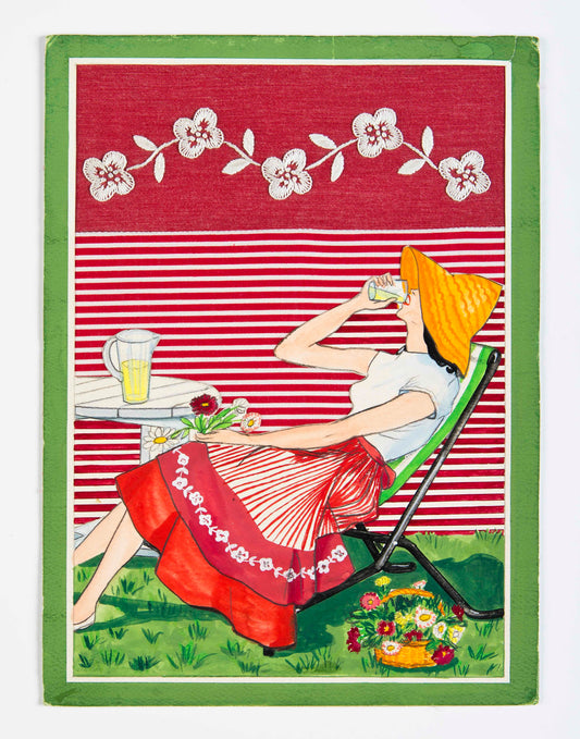 Grille point de croix – La dame au transat, vue d'ensemble : composition rétro broderie et tissus sur deux châssis avec frise décorative et personnage principal, ambiance jardin d'été – Création Point de Croix