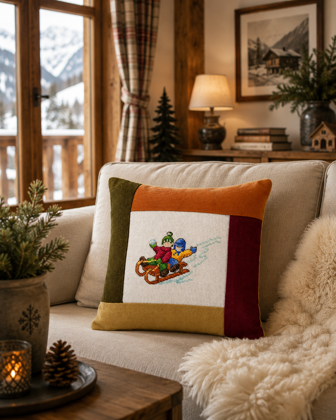 Grille de broderie au point de croix : La luge !, scène hivernale colorée et joyeuse. 6 pages avec symboles et références DMC. À broder sur Aïda ou lin.