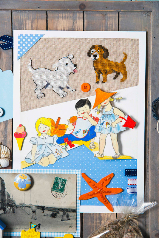 Grille point de croix – La plage, vue d'ensemble : tableau bord de mer avec broderies, étoile de mer, papiers coordonnés et objets de collection, ambiance vacances estivales – Création Point de Croix"