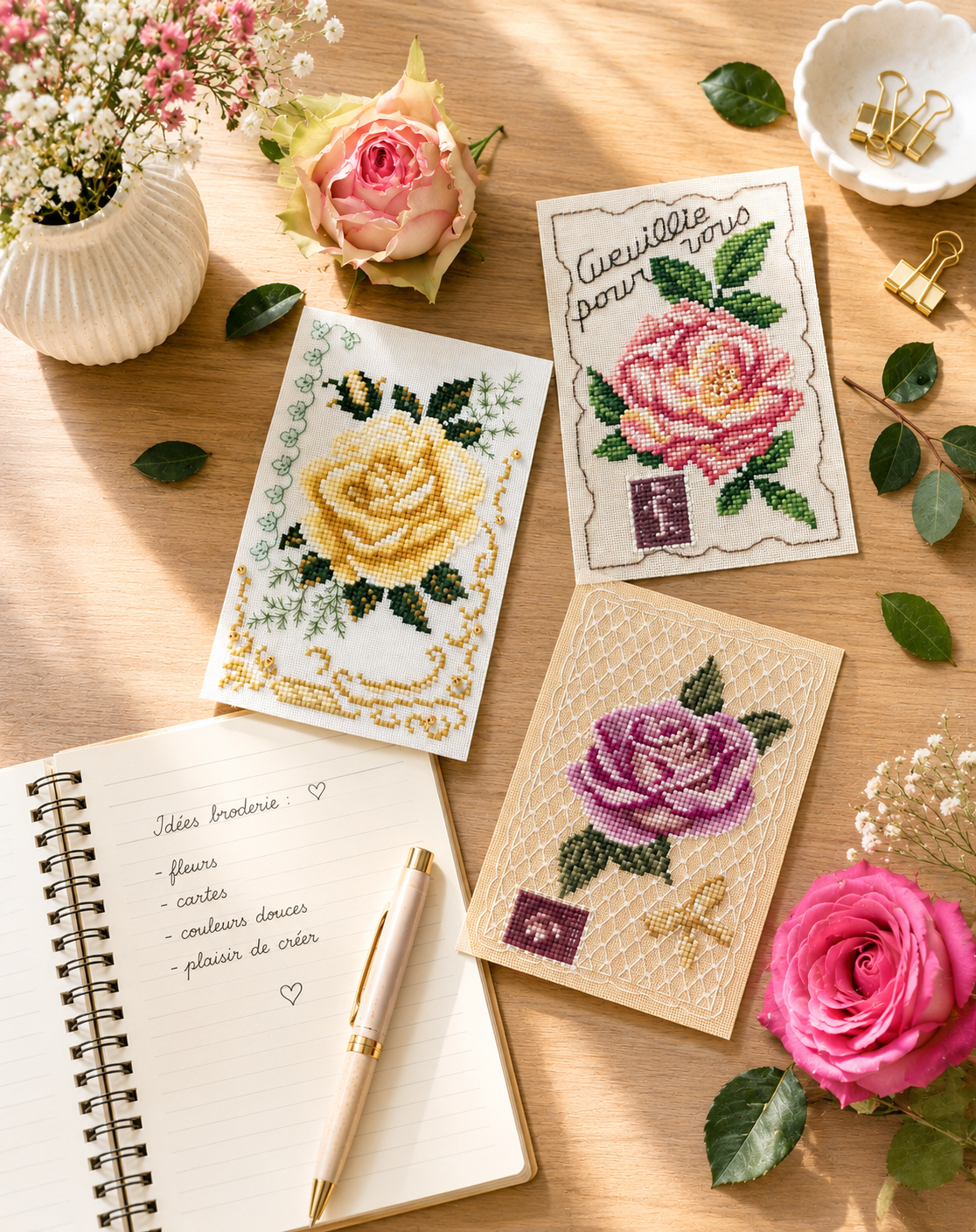 Grille point de croix : 3 cartes florales roses sur lin naturel. 50×79 pts env., Aïda 5,5-7 pts/cm ou lin 11-12 fils/cm. Réf. DMC, 6 pages.