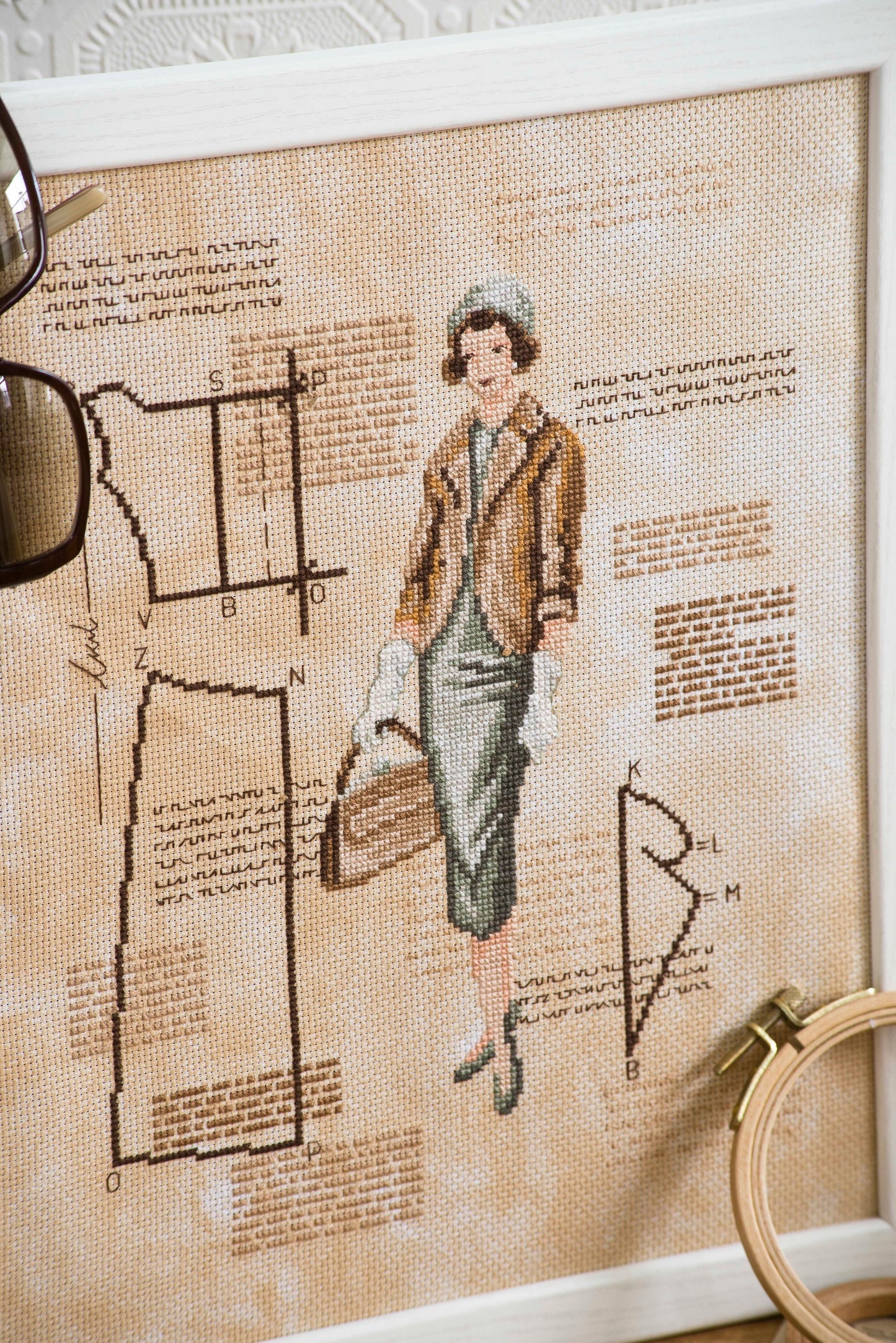 Grille de broderie point de croix : Les élégantes, le tailleur, mode XXᵉ siècle. 165x128 points, 6 pages, couleurs DMC. Aïda naturel.