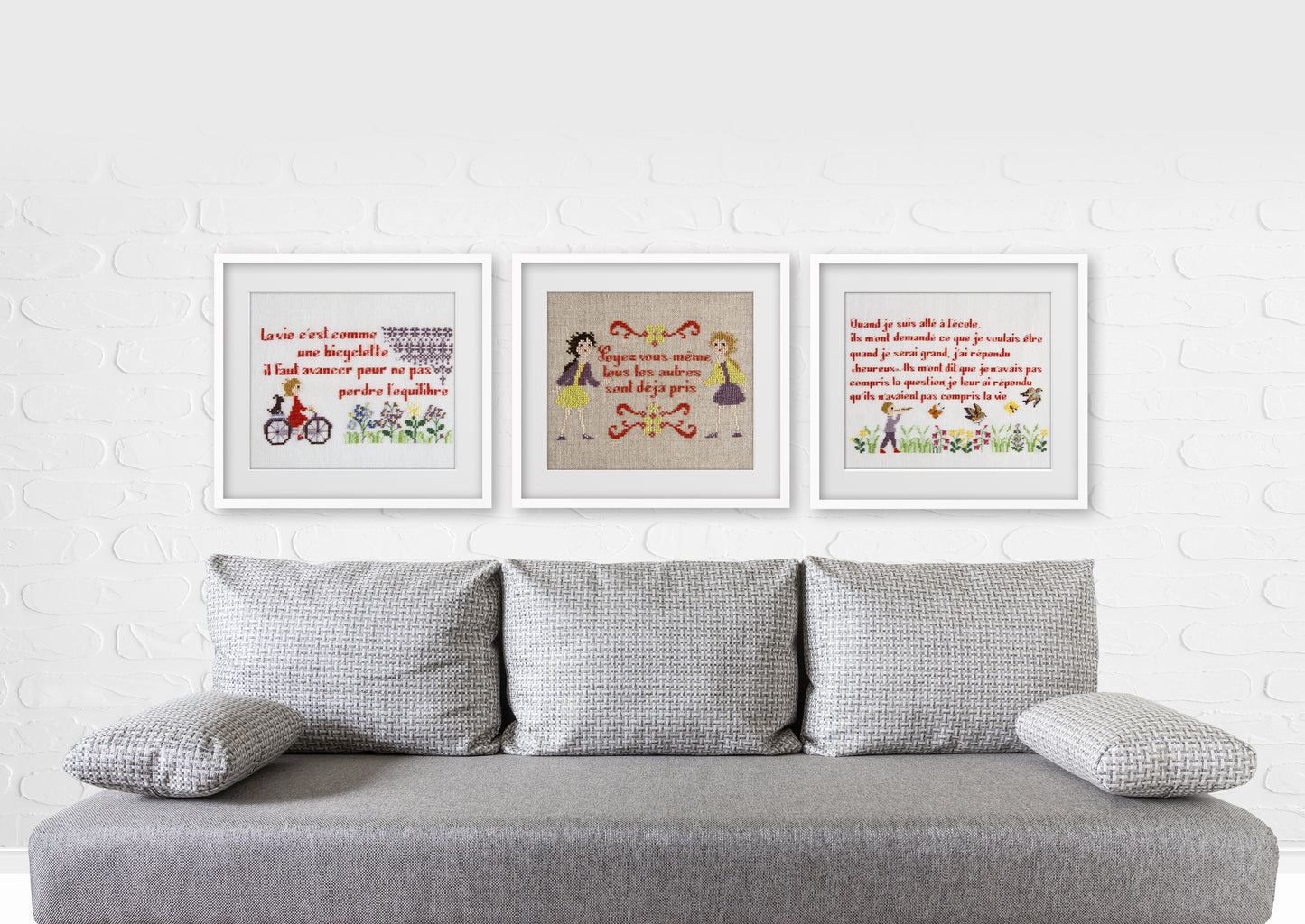 Citations pleines de sagesse et d’optimisme brodées sur lin naturel. Une collection de grilles point de croix signée P. Samouiloff, à broder sur lin 11 fils/cm ou toile Aïda.