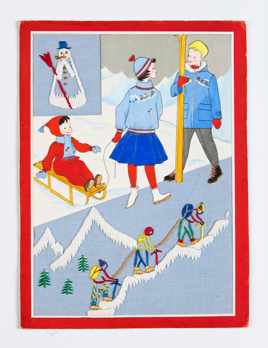 Grille point de croix – Les sports d'hiver, vue d'ensemble : composition complète 103×136 pts avec scènes de montagne et flocons sur toile de lin DMC, ambiance stations alpines – Création Point de Croix