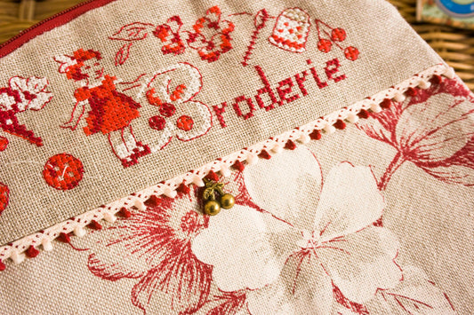 Grille de point de croix trousse à ouvrage motif cerise. Sur lin 11 fils ou Aïda 5,5 pts bis. Imprimée avec symboles et couleur DMC sur 6 pages.