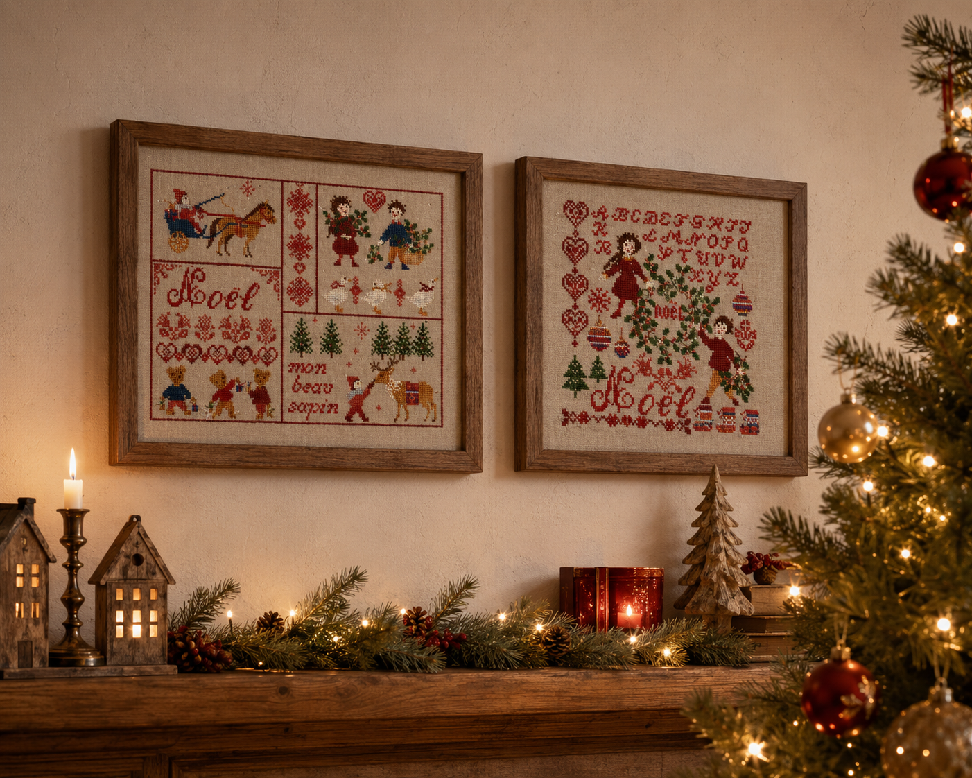 Grille point de croix : scène Noël ourson et abécédaire festif sur lin 11 fils/cm. 2 motifs complémentaires à encadrer.