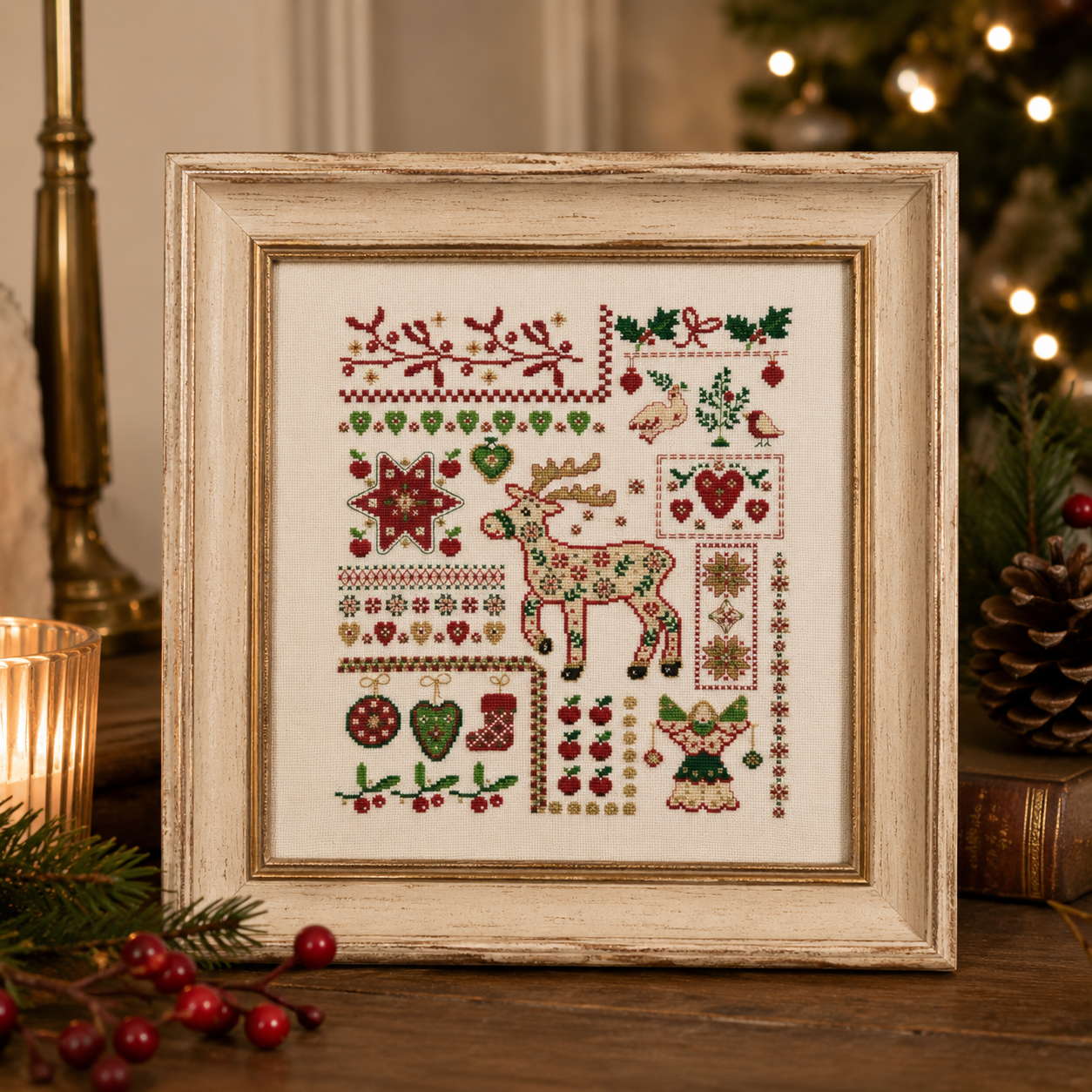 Grille point de croix – Pêle-mêle de Noël : sampler aux accents nordiques et hivernaux avec multitude de motifs et frises de Noël sur toile Aïda blanche DMC, idéal pour cartes de vœux et décorations – Création Point de Croix"
