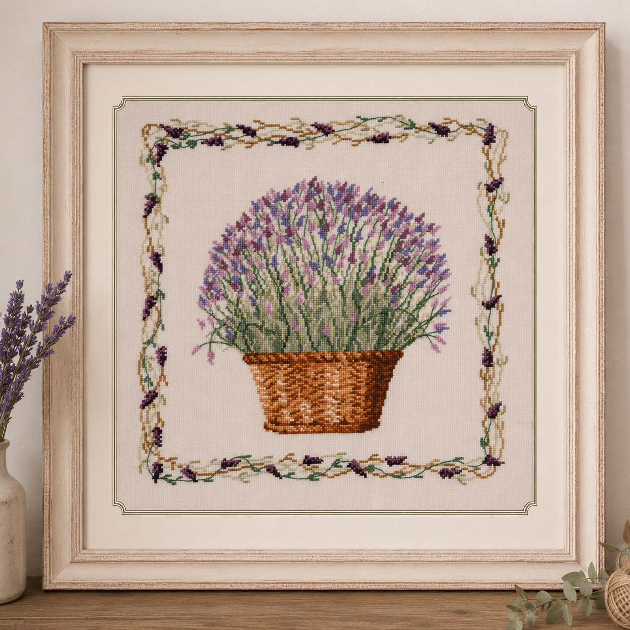 Grille point de croix – Panier à la lavande : panier tressé entouré d'une guirlande de lavande aux nuances violettes sur toile Aïda blanc ou beige DMC, ambiance jardin provençal – Création Point de Croix