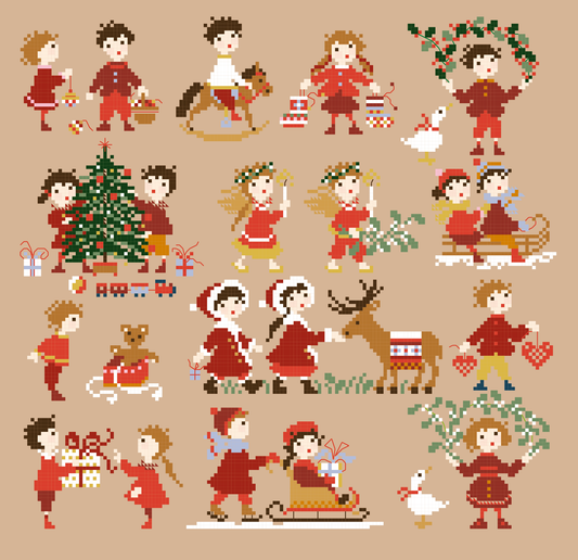 Grille inédite broderie point de croix : 20 enfants pour Noël par Perrette Samouiloff. 155×148 pts, point de croix, ¾ de point, point de piquûre. Toile blanche ou claire.
