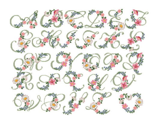Grille broderie point de croix : Abécédaire Lettres Fleuries. 496×308 pts sur toile Aïda 5,5 pts/cm. Alphabet fleuri, fleurs champêtres, DMC 3345, 3731, 726…
