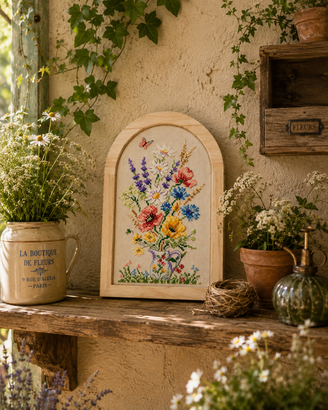 Grille broderie point de croix : bouquet champêtre de marguerites, coquelicots et lavandes. 120×71 pts, env. 21,8×12,9 cm. Toile Aïda ou lin. Véronique Enginger.