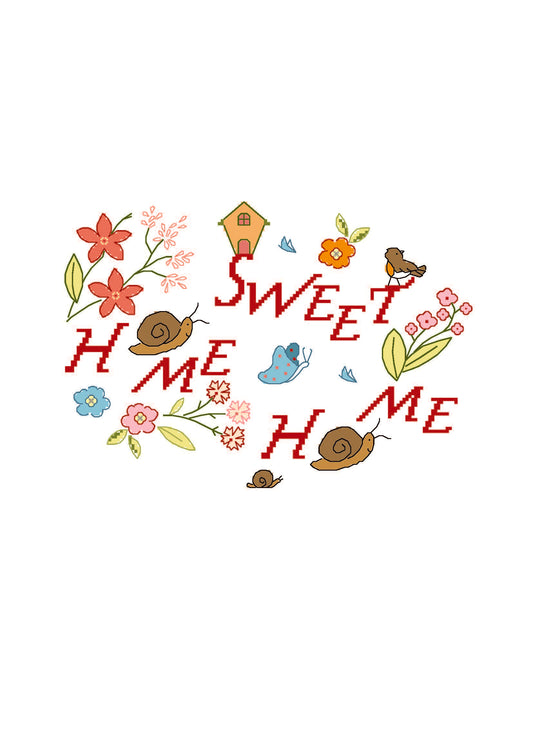 Grille broderie point de croix Home Sweet Home : fleurs, escargots, papillon et nichoir. 141×99 pts, environ 23,5×16,5 cm sur toile de lin blanche.