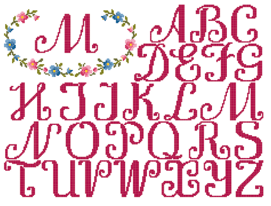 Grille broderie point de croix : Monogramme Fleuri par Création Point de Croix. 227×168 pts sur toile Aïda 5,5 pts/cm. Initiale entourée d'une couronne florale élégante.
