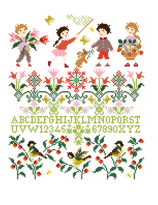 Grille inédite broderie point de croix : Printemps en fête par Perrette Samouiloff. 131×159 pts, enfants, fleurs, papillons. Point de croix, ¾ de point, point de piquûre.
