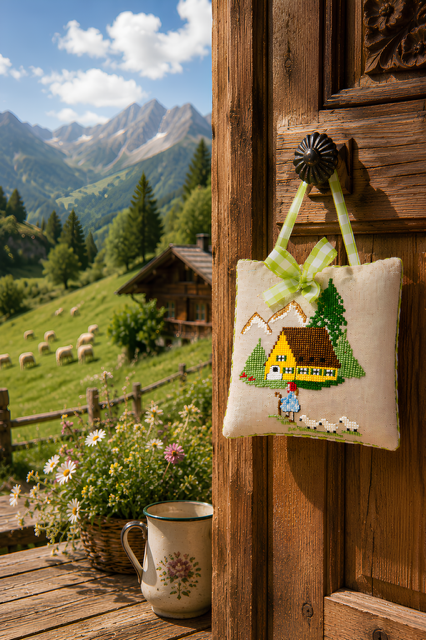 Grille broderie point de croix : coussinet souvenirs d’alpage, chalet et moutons. 56×90 pts, env. 10,2×16,4 cm. Toile de lin 11 fils/cm. Lili Violette.