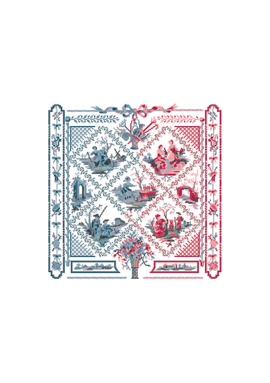 Grille broderie point de croix Toile de Jouy : sampler 215×215 pts, scènes en bleu et rouge. Sur toile blanche ou écrue.