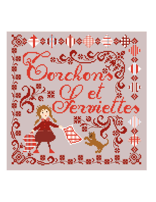 Grille inédite broderie point de croix : Torchons & Serviettes par Perrette Samouiloff. 131×159 pts, point de croix, ¾ de point, point de piquûre. Toile claire.