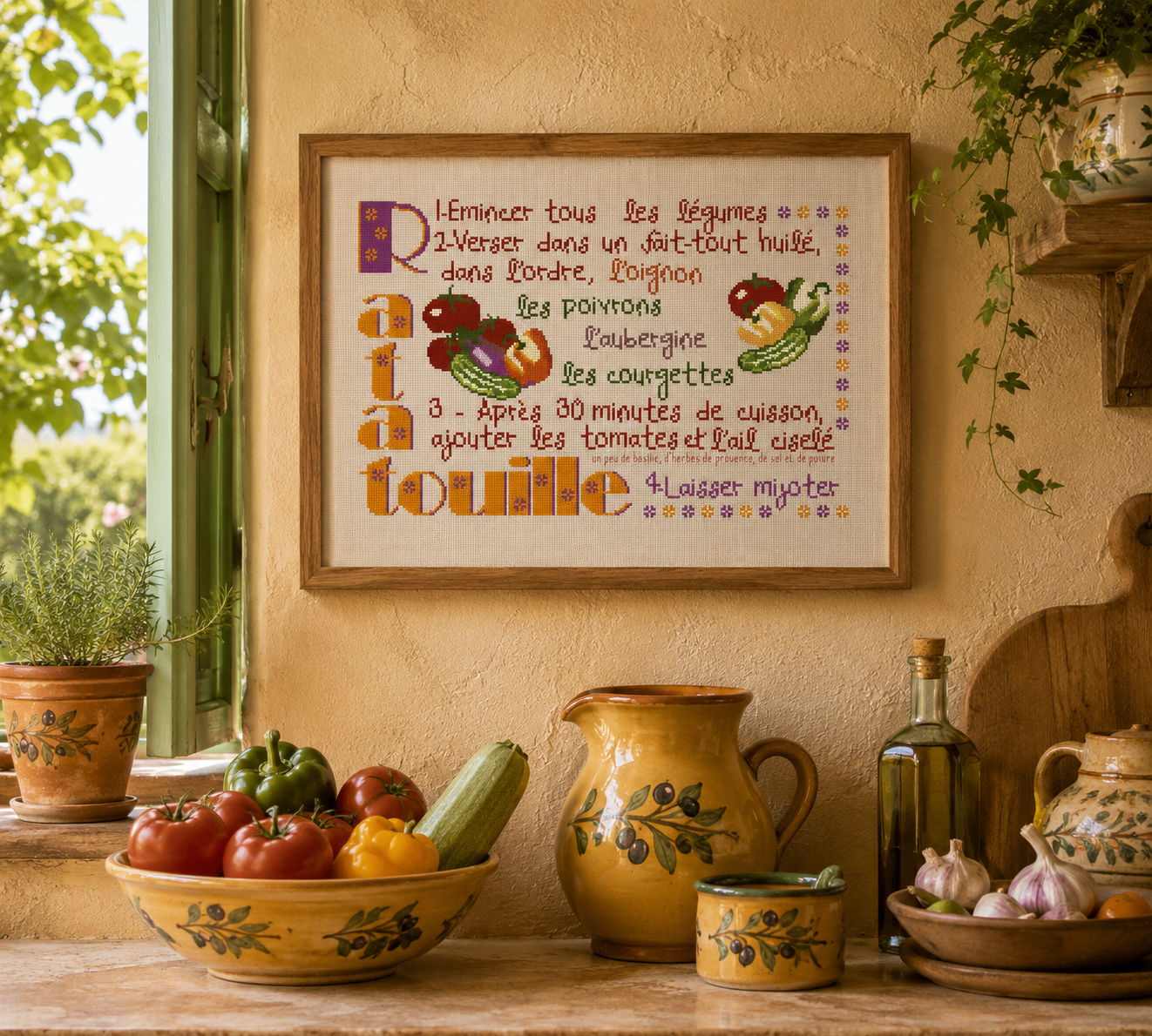Grille de broderie point de croix « Ratatouille » par Création Point de Croix. Composition provençale aux motifs de courgettes, aubergines et tomates. À broder sur lin ou Aïda.