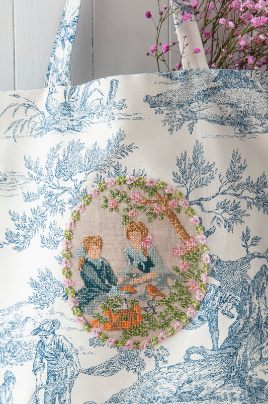 Grille de broderie point de croix « Sac à déjeuner » par M.A. Réthoret-Melin : sac pique-nique à broder sur lin bis 11 fils. DMC, 6 pages, motif 14,54 x 17,27 cm.