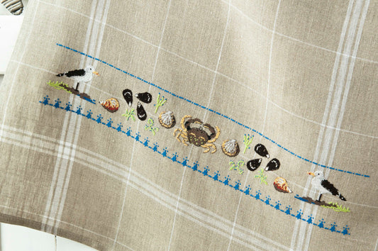 Grille point de croix : torchon motifs bretons côte et animaux. Lin bis 12 fils, réf. DMC. Grille imprimée couleur sur 6 pages.