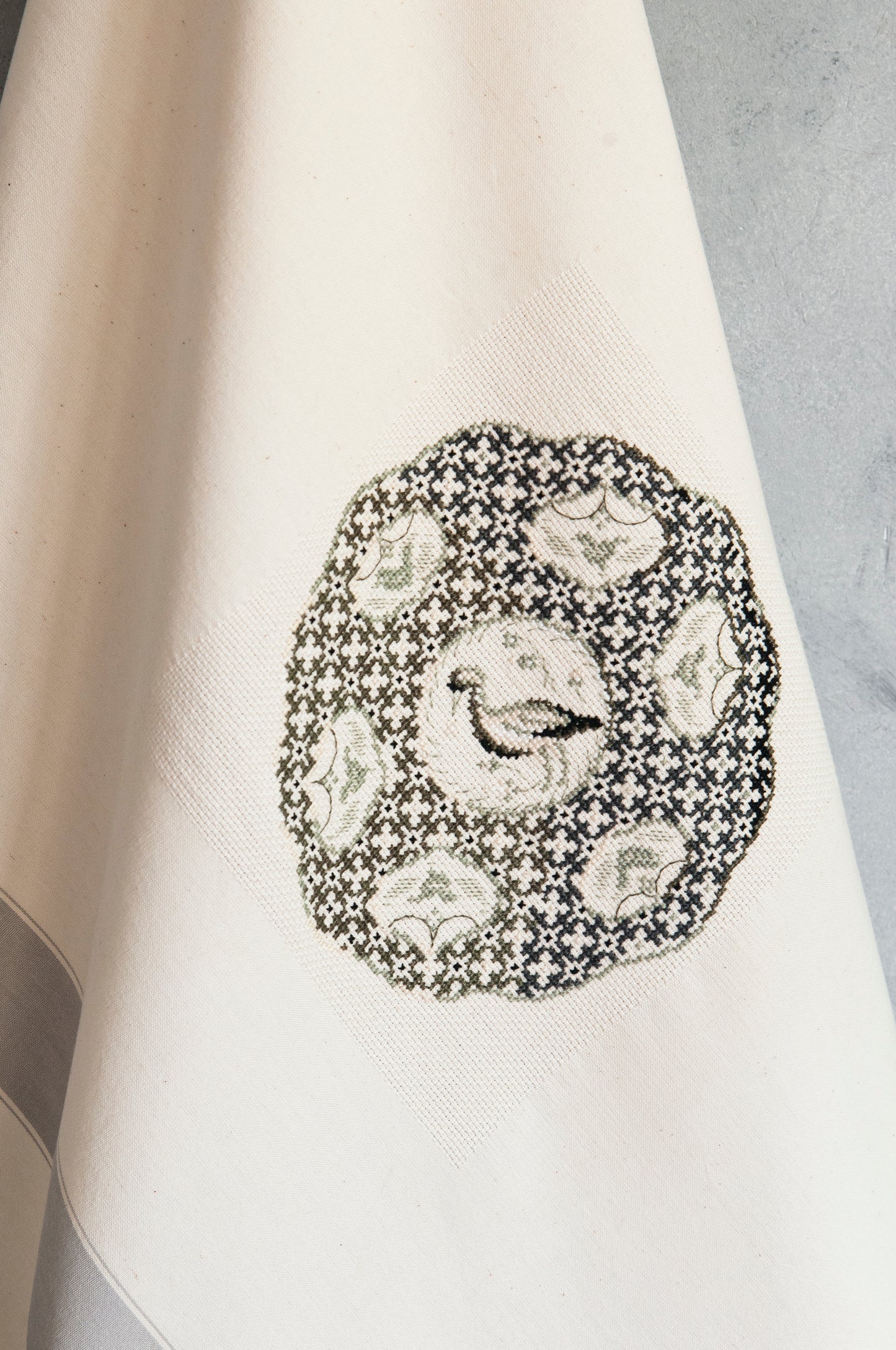 Grille Broderie : Torchon Cigogne – Création Point de Croix. Grille point de croix : torchon cigogne style faïence alsacienne sur Aïda 6,5 pts/cm, 19,5 × 19,5 cm. Fabriqué en France.