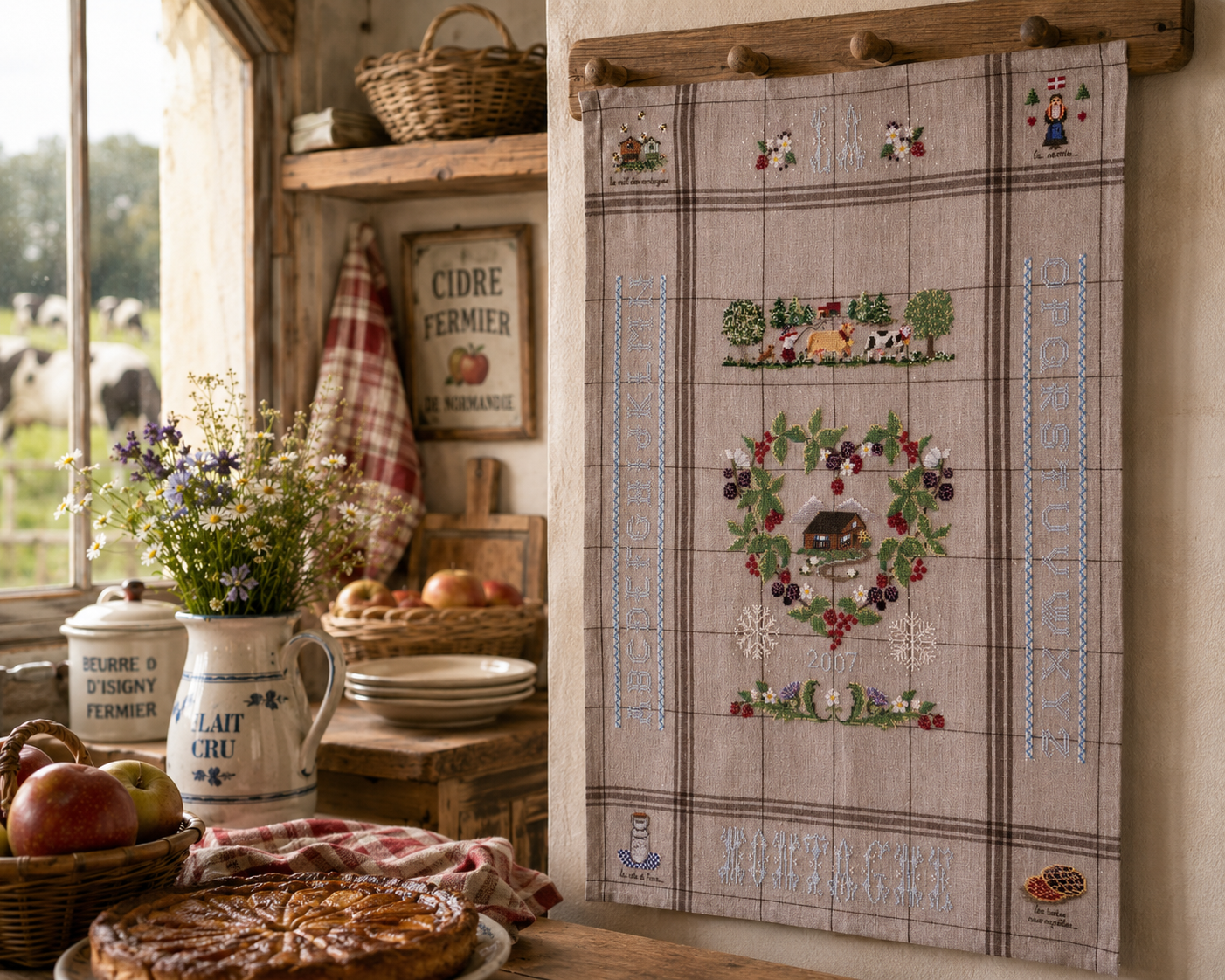 Grille point de croix : torchon Noël aux chalets, sapins et motifs alpins. À broder sur Aïda 5,5 ou lin 11 fils/cm. 10 pages couleur DMC.