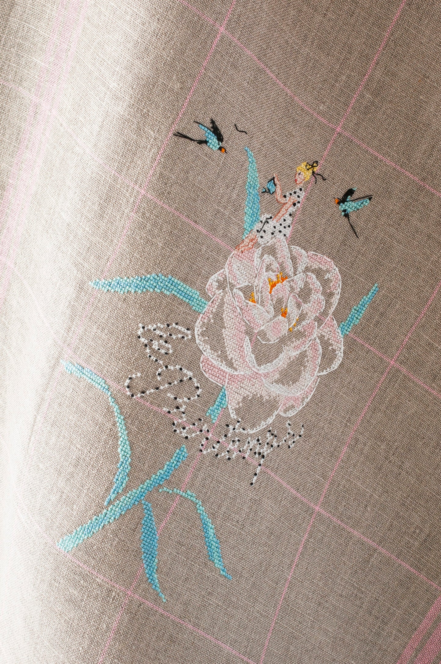 Grille broderie point de croix : torchon fée, rose et hirondelles. 4 pages, symboles et couleurs DMC. Lin 12 fils bis. 17,81 x 25,09 cm.