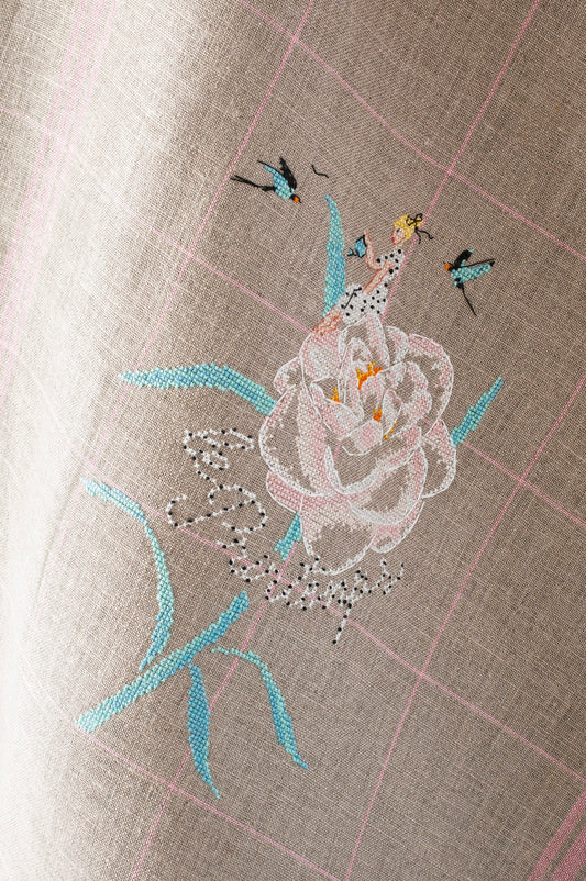 Grille broderie point de croix : torchon fée, rose et hirondelles. 4 pages, symboles et couleurs DMC. Lin 12 fils bis. 17,81 x 25,09 cm.